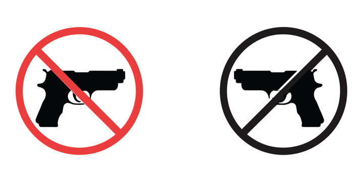 No gun allowed vector icon designs, clear prohibition symbol collection featuring crossed-out firearm signs for restricted areas, public safety, security policies, and warning signage applications.
