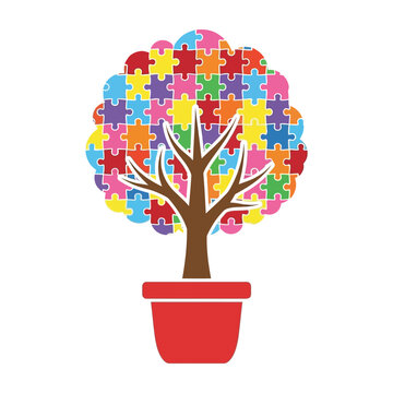 Colorful puzzle tree in red pot symbolizing diversity and unity in nature