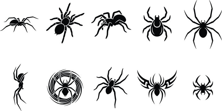 Set of creepy spider silhouette icons featuring venomous tarantulas black widows tribal designs and crawling arachnids for halloween graphic design elements
