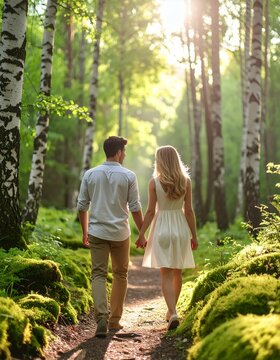 Couple Holding Hands Walking in Sunlit Forest Path.