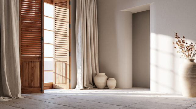 Mediterranean home interior with wooden shutters linen curtains and pale stone flooring showcasing climate ready quiet luxury living