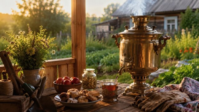 Traditional Russian samovar with tea and snacks on wooden table  
