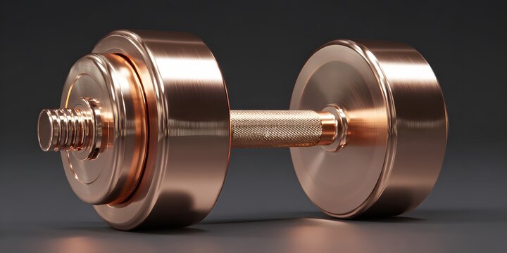 Shiny Copper Dumbbell with Adjustable Weights on a Dark Background.