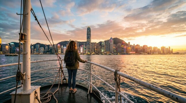 Young woman with backpack stands at bow of Star Ferry at dusk, facing the vibrant illuminated Hong Kong skyline with IFC tower and Victoria Peak glowing at sunset.