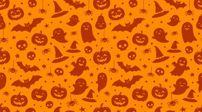 Seamless halloween pattern with pumpkins, ghosts, bats, and spiders