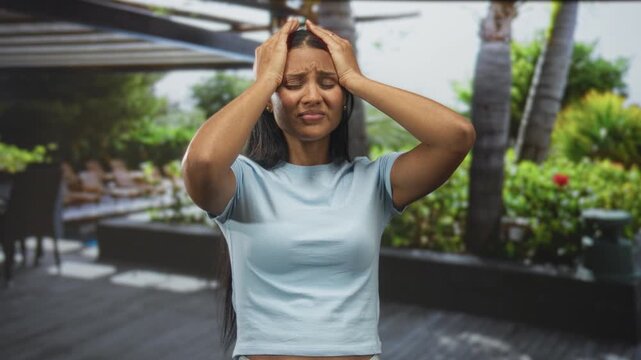 Woman pressing hands to forehead and temples with closed eyes, standing on building patio by palm trees and lounge chairs; headache frustration.