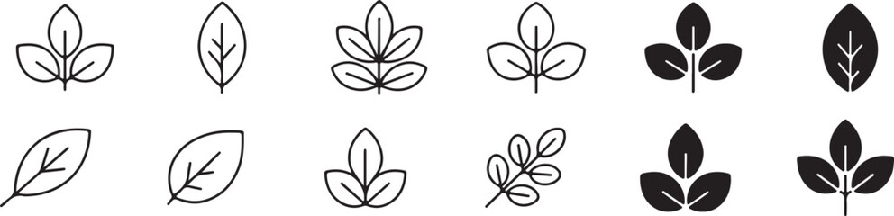 Obraz premium Minimal Leaf Line Icon Set, Nature, Eco and Botanical Outline Vector Collection Isolated on White Background