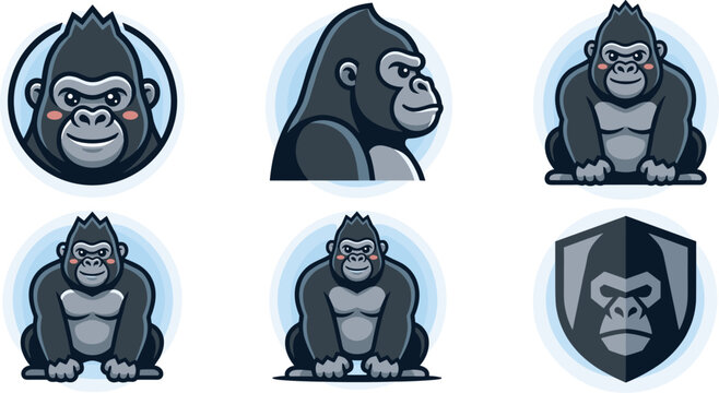 Cute Cartoon Gorilla Characters and Logo Set with Strong Silverback Ape Poses for Esport Team Mascots, Gym Branding, Badges, and Kids Graphic Designs