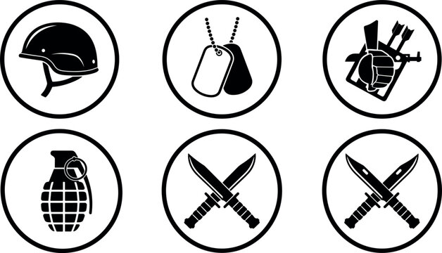 Military and Tactical Warfare Silhouette Icon Set with Helmet, Dog Tags, Grenade, and Crossed Daggers for Esport Badges, Veteran T-shirt Prints, and Gaming Designs