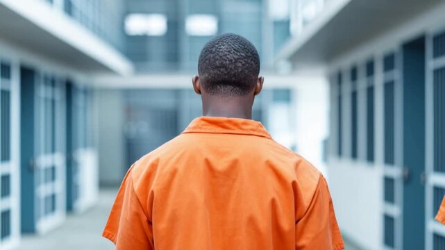 A group of prison inmates wearing orange jumpsuits standing in a hallway inside a correctional jail.