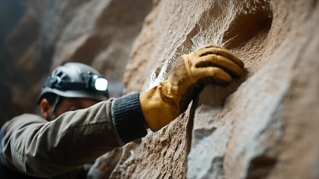 A focused explorer wearing a headlamp and leather gloves climbs a rugged, dark cave wall surface.