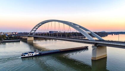 Naklejka premium Aerial view captures a large arched bridge over a wide river at dusk. A cargo barge travels beneath. Distant city skyline visible