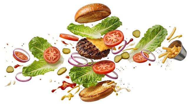 Deconstructed flying hamburger ingredients falling dynamically