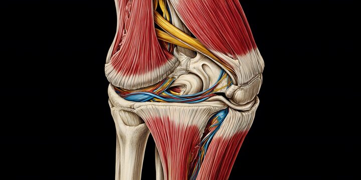 Anatomical illustration of the human knee joint with muscles and ligaments.
