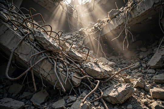 Sunlight shining through dust and rubble of collapsed concrete building debris after earthquake disaster