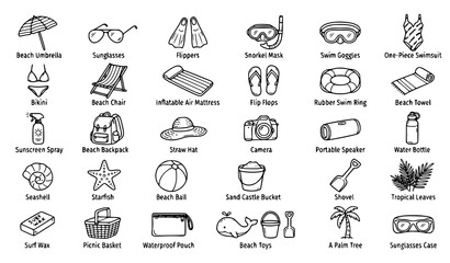 Title: Modern Hand Drawn Beach Essentials Doodle Vector Illustration Collection on White Background © Yeasin