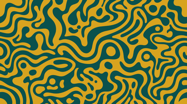 Forest green and mustard yellow organic camoflauge pattern with abstract distorted curves.