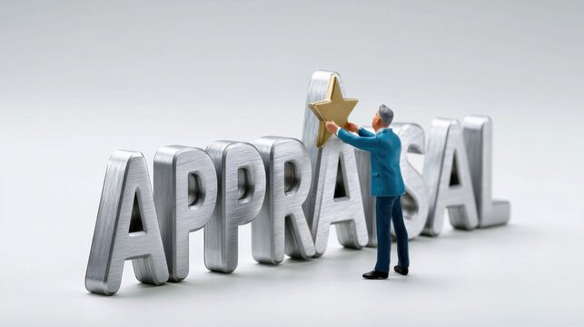 A miniature man carefully places a golden star atop the word APPRAISAL. The large, metallic letters are arranged in a line, with the man standing on the final 'L', reaching up to add the star.