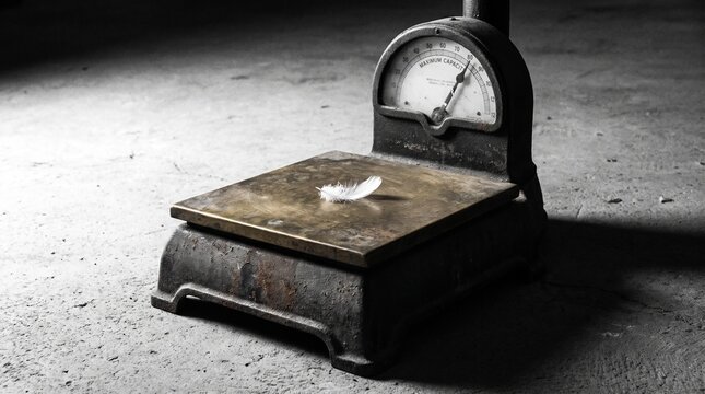 A single, soft, white feather resting on a heavy metal industrial scale, but the scale needle is tipped all the way to maximum weight.
