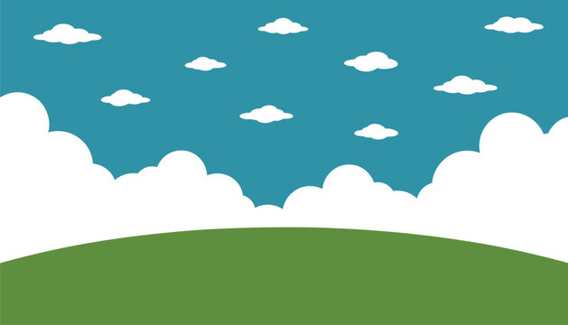 Cartoon landscape with green rolling hills and a blue sky with fluffy clouds