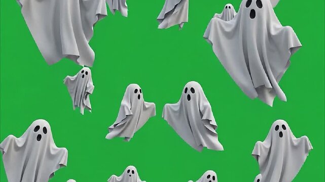 Many cute white ghosts floating on green background, halloween concept, spooky motion.