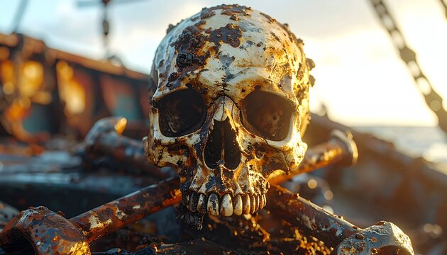 A weathered and decaying skull, a symbol of mortality and pirate lore.