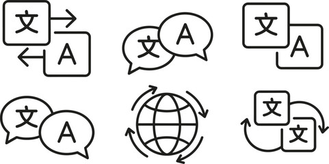 Set of six black and white icons representing language translation © Nishan