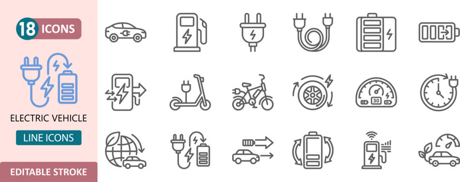 Electric vehicle line icons set depicting charging stations and e mobility technology with electric car, bik