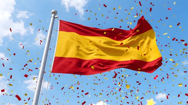 Red and yellow flag waving on pole with falling confetti under blue sky