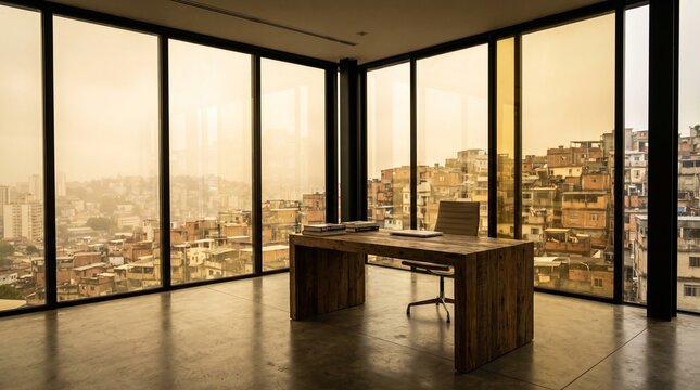 A view looking through a pristine, hyper-modern skyscraper window at a sprawling, impoverished urban slum below.