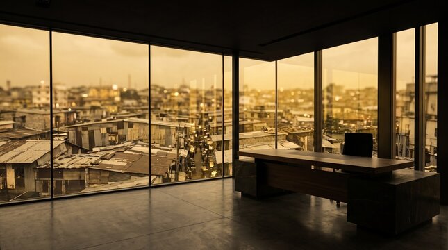 A view looking through a pristine, hyper-modern skyscraper window at a sprawling, impoverished urban slum below.