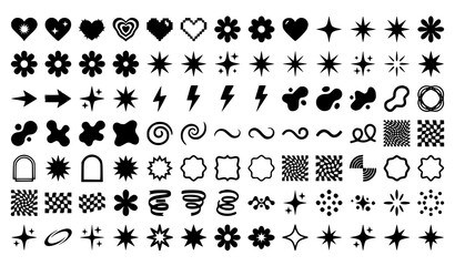 Fototapeta premium Black silhouette icon set stars flowers lightning and geometric shapes