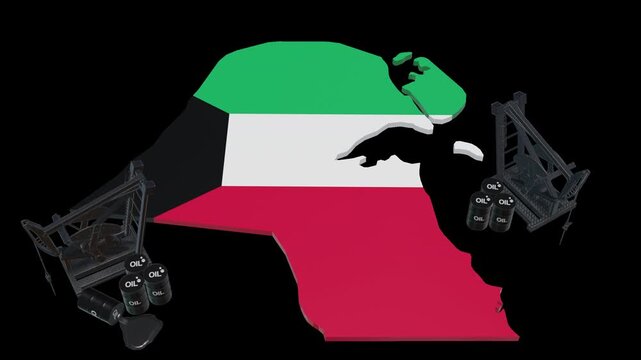3D Oil Pump Jacks and Barrels on Kuwait Map Flag &ndash; Energy Industry and Petroleum Production