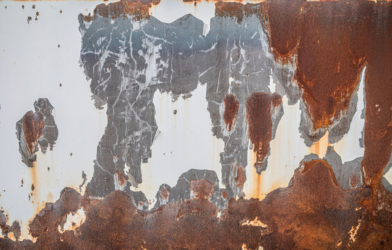 Peeling Paint on Rusted Metal Surface Texture, Weathered White Coating Flaking to Reveal Dark Rusty Iron and Aged Grey Metal.