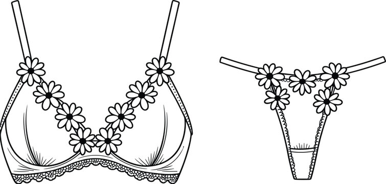 Outline of a bra and thong set decorated with small flowers lingerie underwear