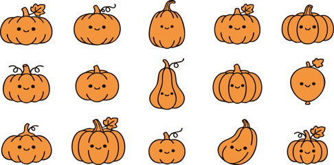 Fototapeta premium Minimal Halloween Pumpkin Clipart Bundle | 15 Flat Orange Pumpkin Vector Icons