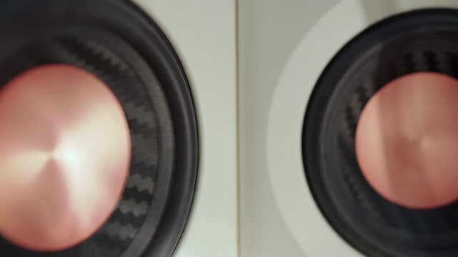 Macro Close Up View of Studio Monitor Speaker Woofer Vibrating to Loud Music Bass