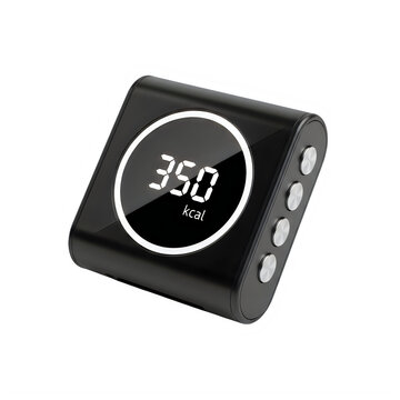 A black digital calorie counter with a round screen