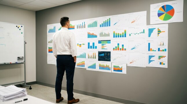 Professional man standing in front of colorful graphs Business analyzing data charts on screens representing