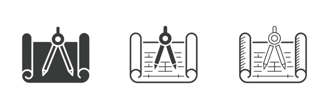 Set of architect icons, professional vector illustration collection featuring divider compass, blueprint, drafting tools, planning equipment, architectural design, engineering.