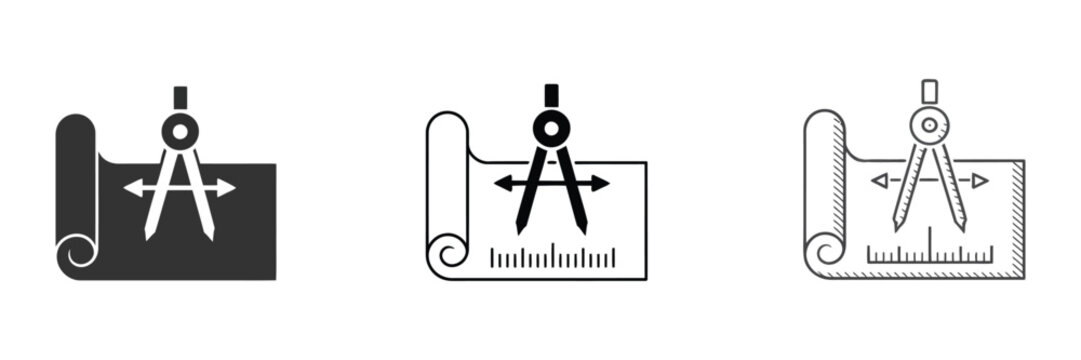 Set of architect icons, professional vector illustration collection featuring divider compass, blueprint, drafting tools, planning equipment, architectural design, engineering, and construction symbol
