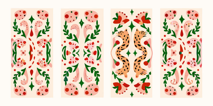 Floral Ornament Designs With Botanical Elements And Animal Motif Vector Illustration