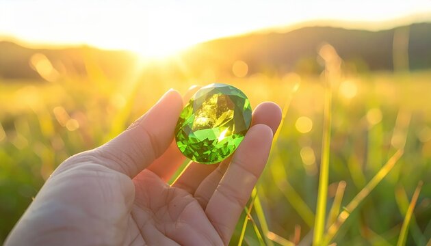 Hand holding a glowing green gemstone in a sunlit field.
