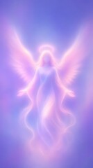 Obraz premium Ethereal angel with glowing wings in soft pastels, perfect for mobile wallpaper.