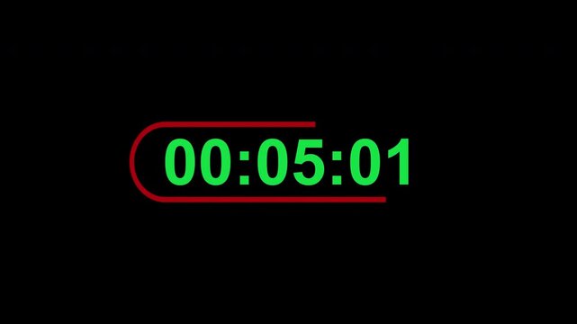Digital timer counting up from zero to one hour with green numbers and a red decorative border on a black background for video editing and motion graphics