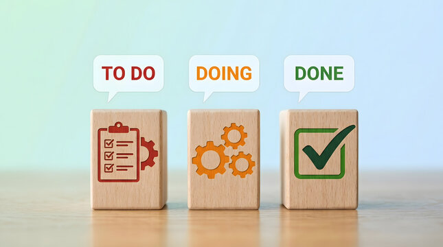 Wooden blocks with displays wooden cubes labeled do done representing task progress labeled doing organization productivity development with management