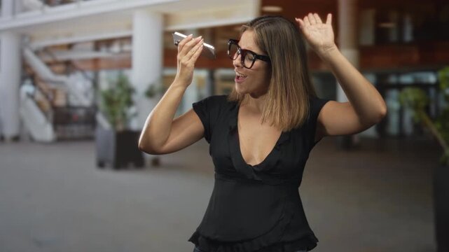 Woman holding smartphone to ear with hand raised palm outward in a modern building lobby; playful call dance.