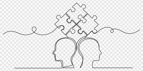 folded puzzle and confused thinking brain, transparent background, Head mind people with folded puzzle  continuous line. Disorder, confusion and order, mental balance, calm in thoughts. Logic and pro. © Gerish