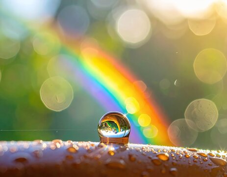 Macro shot of a water droplet reflecting a rainbow on a dew-covered surface.