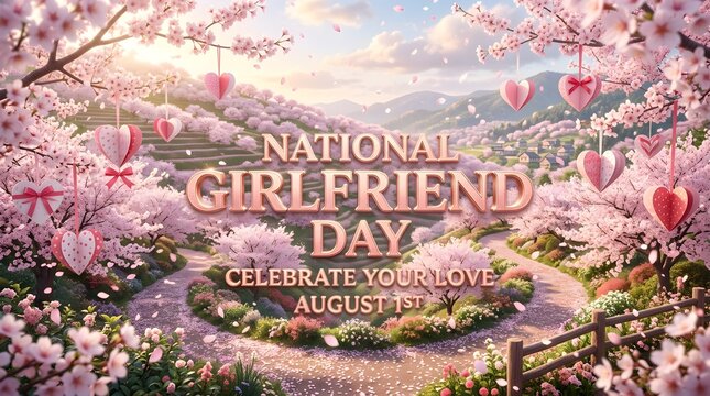 National girlfriend day banner background with cherry blossom garden pink paper hearts and romantic spring landscape for august 1st celebration